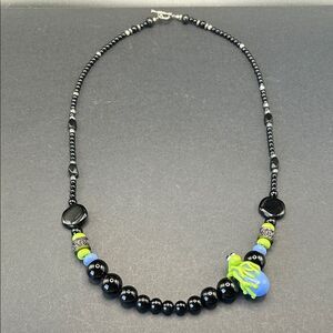 VTG Art Glass Lampwork Frog Beaded Necklace with Blue, Green, Black Accents